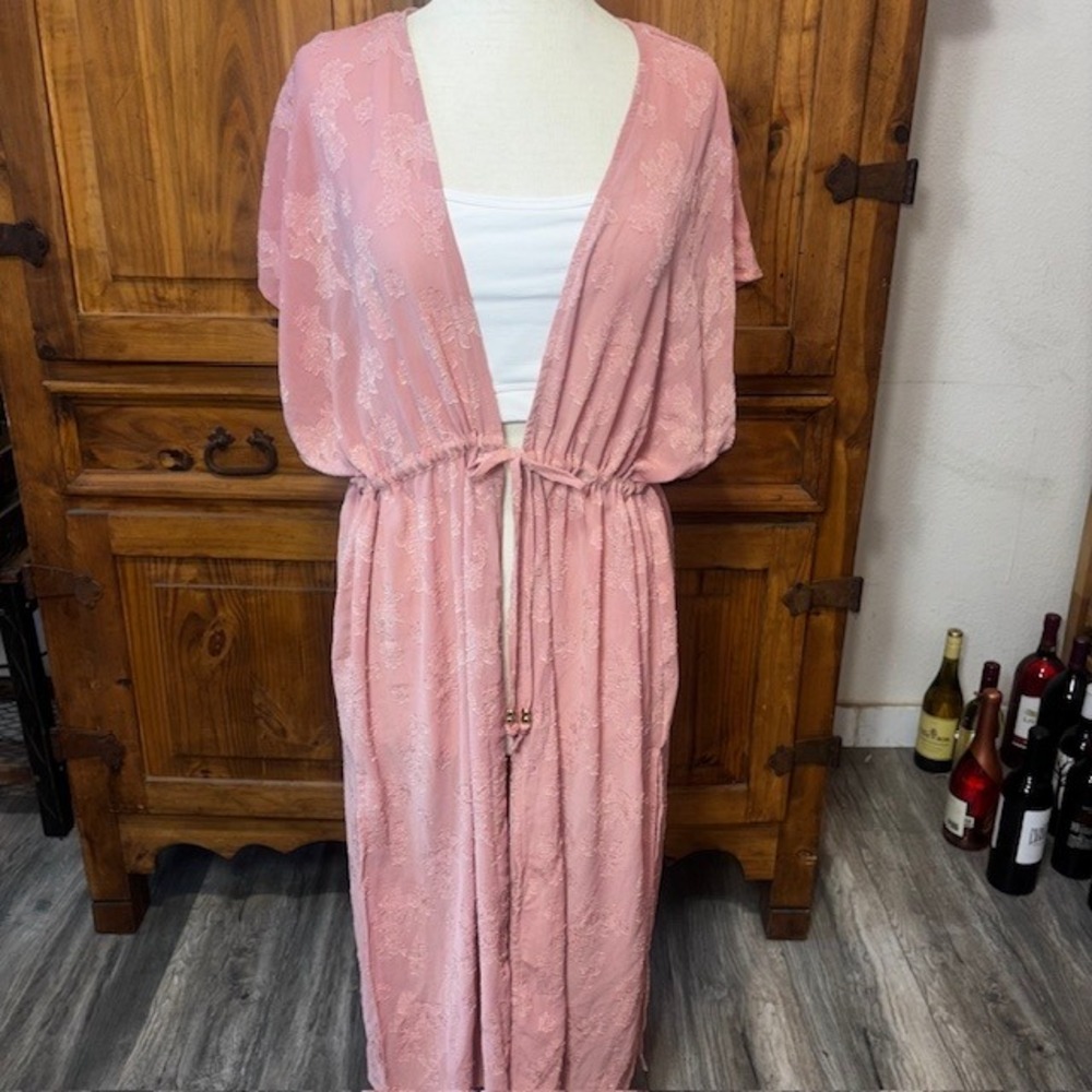 Time and Tru Womens Pink Floral Burnout Maxi Swim Cover Up Drawstring Waist L/G